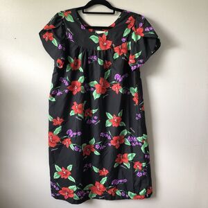 Vintage Hawaiian Dress Small Oversized Black Floral Mumu Tropical Hibiscus Beach